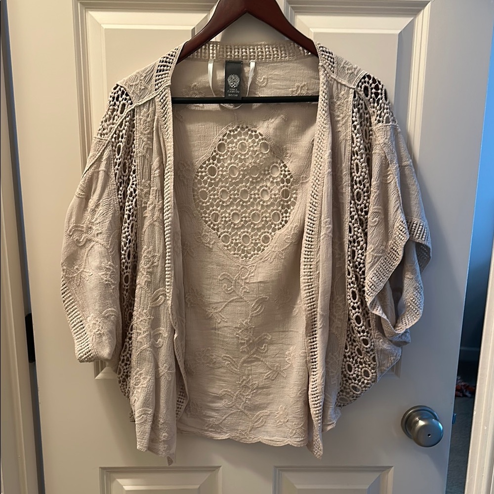 Vince Camuto Light Beige Crochet Open Front Cardigan